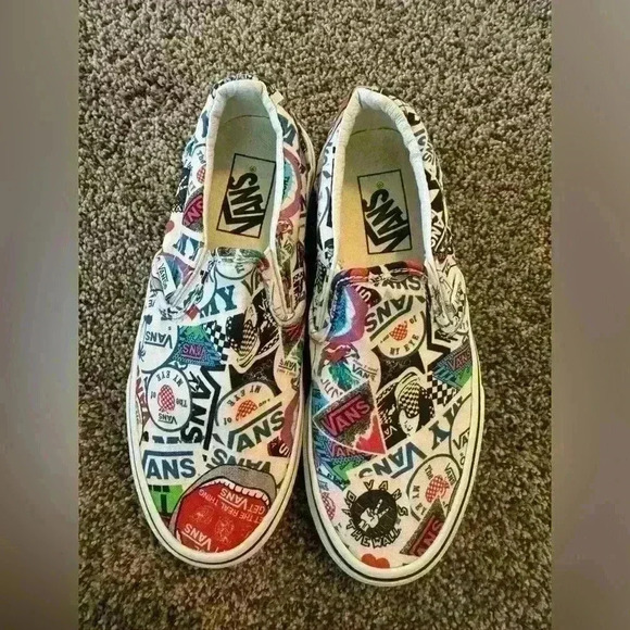Vans Shoes - VANS, classic slip ons, graphic print, vans stickers, women’s size 5.5